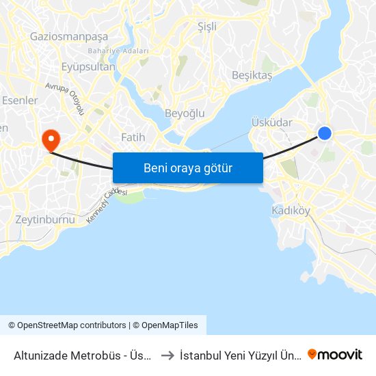 Altunizade Metrobüs - Üsküdar Yönü to İstanbul Yeni Yüzyıl Üniversitesi map