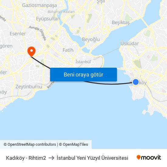 Kadıköy - Rihtim2 to İstanbul Yeni Yüzyıl Üniversitesi map