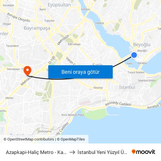 Azapkapi-Haliç Metro - Karaköy Yönü to İstanbul Yeni Yüzyıl Üniversitesi map