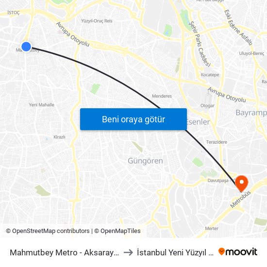 Mahmutbey Metro - Aksaray-Ateştuğla Yönü to İstanbul Yeni Yüzyıl Üniversitesi map