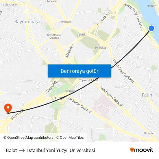 Balat to İstanbul Yeni Yüzyıl Üniversitesi map