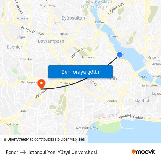 Fener to İstanbul Yeni Yüzyıl Üniversitesi map