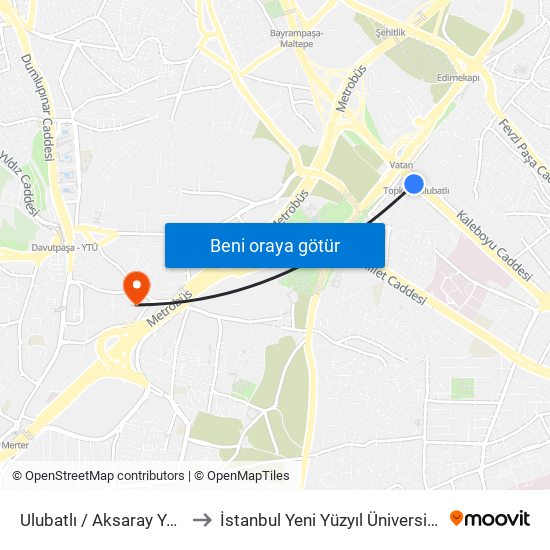 Ulubatlı / Aksaray Yönü to İstanbul Yeni Yüzyıl Üniversitesi map