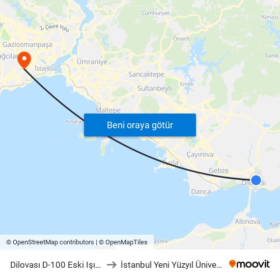 Dilovası D-100 Eski Işıklar 1 to İstanbul Yeni Yüzyıl Üniversitesi map