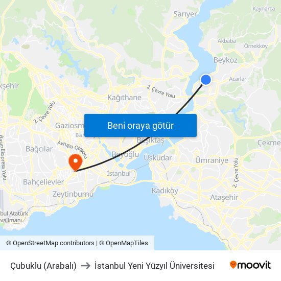 Çubuklu (Arabalı) to İstanbul Yeni Yüzyıl Üniversitesi map