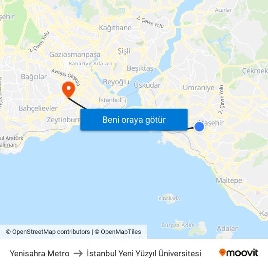 Yenisahra Metro to İstanbul Yeni Yüzyıl Üniversitesi map