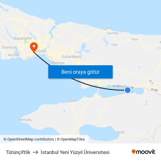 Tütünçiftlik to İstanbul Yeni Yüzyıl Üniversitesi map