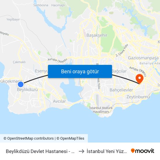 Beylikdüzü Devlet Hastanesi - Gürpinar-Beykent Yönü to İstanbul Yeni Yüzyıl Üniversitesi map