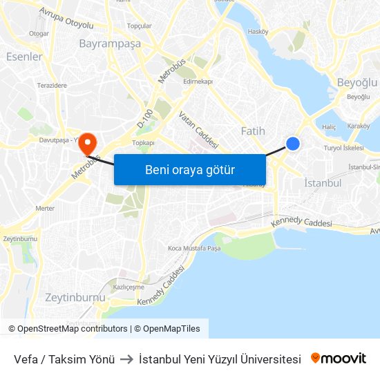 Vefa / Taksim Yönü to İstanbul Yeni Yüzyıl Üniversitesi map