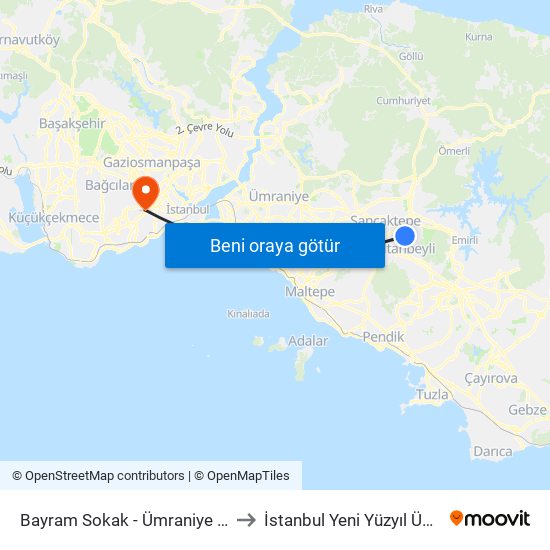 Bayram Sokak - Ümraniye 131a Yönü to İstanbul Yeni Yüzyıl Üniversitesi map