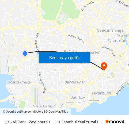 Halkali Park - Zeytinburnu Metro Yönü to İstanbul Yeni Yüzyıl Üniversitesi map