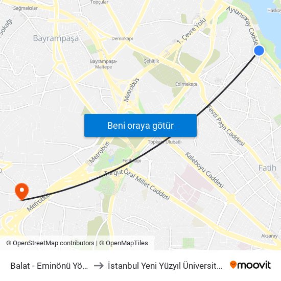 Balat - Eminönü Yönü to İstanbul Yeni Yüzyıl Üniversitesi map