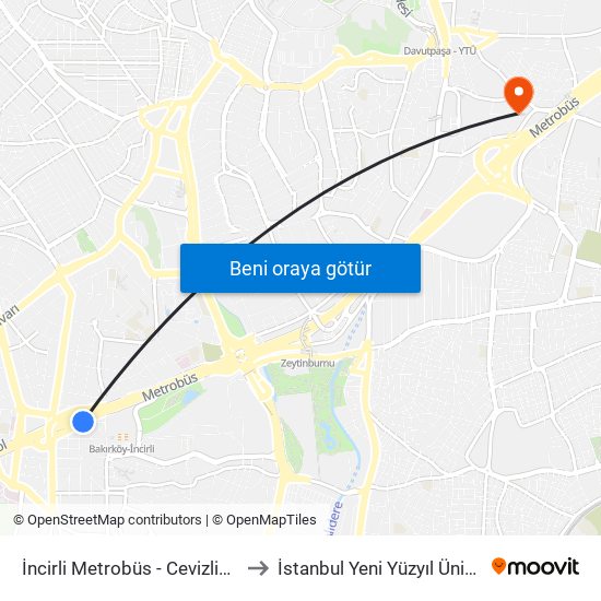 İncirli Metrobüs - Cevizlibağ Yönü to İstanbul Yeni Yüzyıl Üniversitesi map