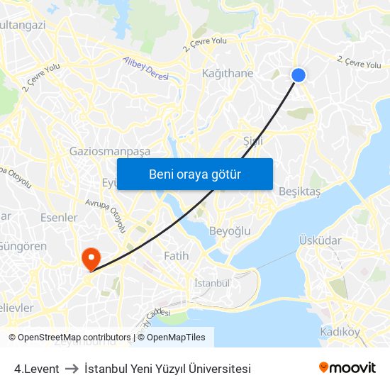 4.Levent to İstanbul Yeni Yüzyıl Üniversitesi map