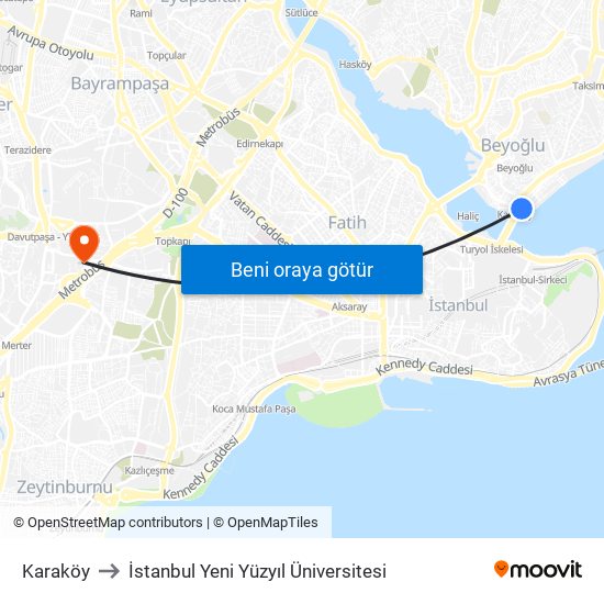Karaköy to İstanbul Yeni Yüzyıl Üniversitesi map