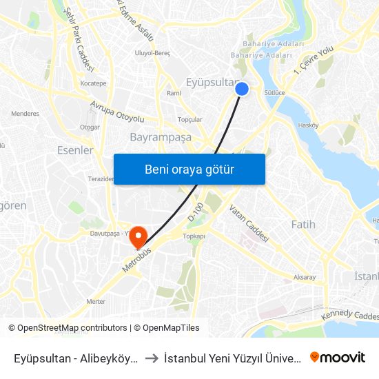 Eyüpsultan  - Alibeyköy Yönü to İstanbul Yeni Yüzyıl Üniversitesi map
