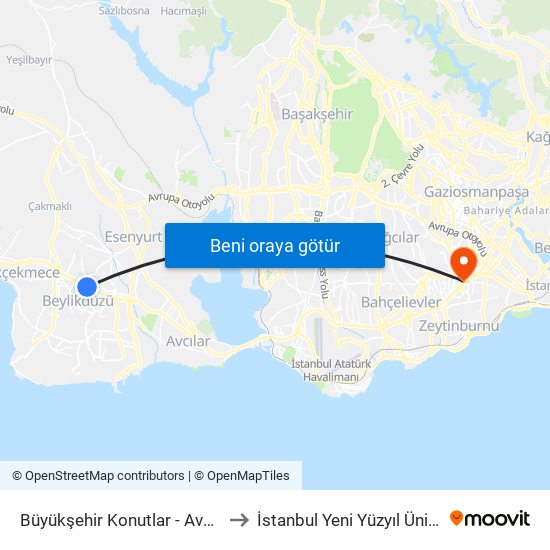 Büyükşehir Konutlar - Avcilar Yönü to İstanbul Yeni Yüzyıl Üniversitesi map