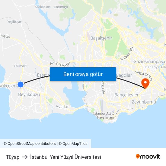 Tüyap to İstanbul Yeni Yüzyıl Üniversitesi map