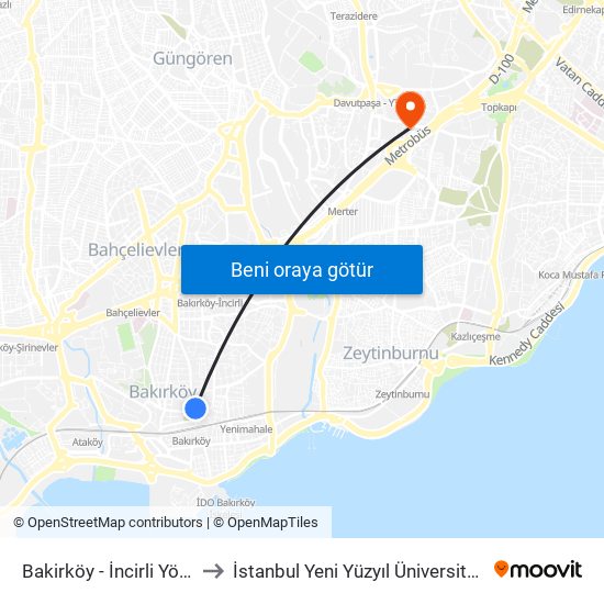 Bakirköy - İncirli Yönü to İstanbul Yeni Yüzyıl Üniversitesi map