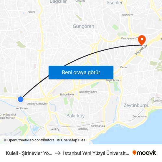 Kuleli - Şirinevler Yönü to İstanbul Yeni Yüzyıl Üniversitesi map