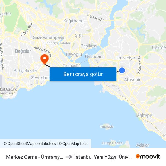 Merkez Camii - Ümraniye Yönü to İstanbul Yeni Yüzyıl Üniversitesi map