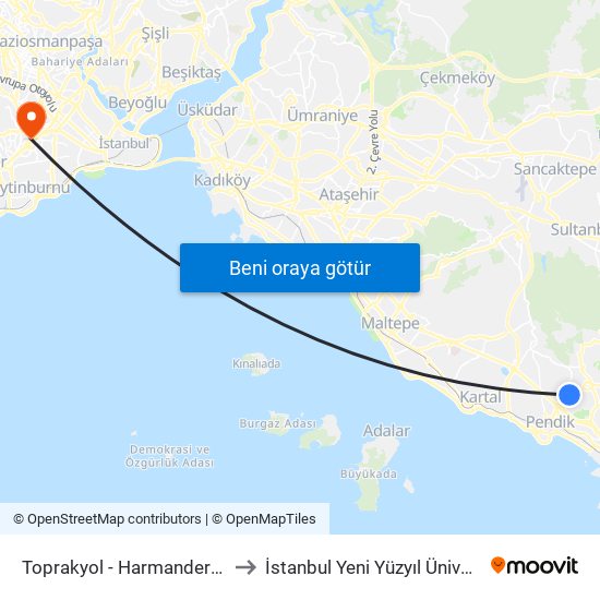 Toprakyol - Harmandere Yönü to İstanbul Yeni Yüzyıl Üniversitesi map