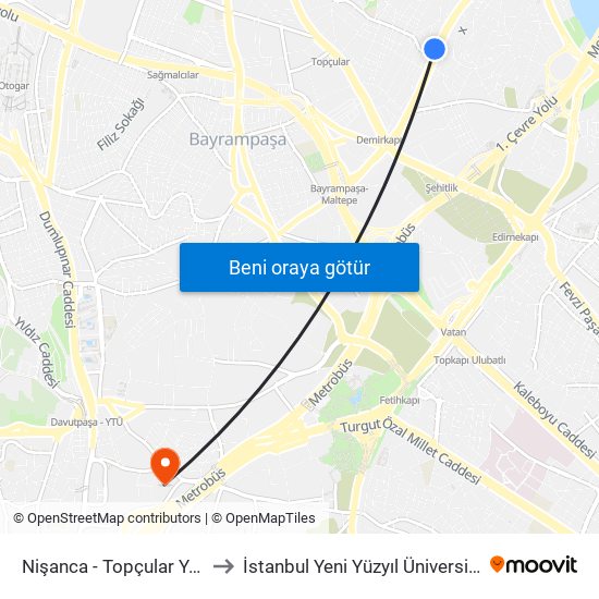 Nişanca - Topçular Yönü to İstanbul Yeni Yüzyıl Üniversitesi map