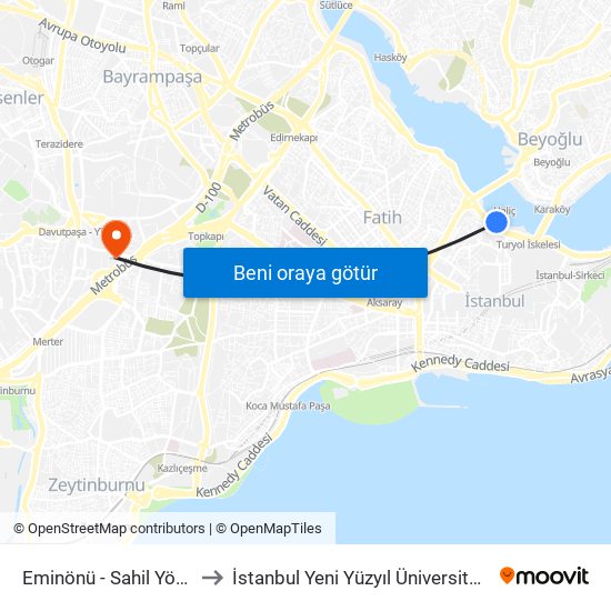 Eminönü - Sahil Yönü to İstanbul Yeni Yüzyıl Üniversitesi map