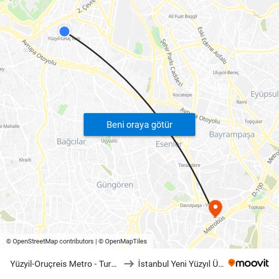 Yüzyil-Oruçreis Metro - Turgut Reis Yönü to İstanbul Yeni Yüzyıl Üniversitesi map