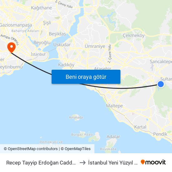 Recep Tayyip Erdoğan Caddesi - Kartal Yönü to İstanbul Yeni Yüzyıl Üniversitesi map