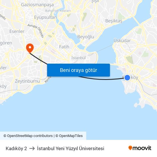 Kadıköy 2 to İstanbul Yeni Yüzyıl Üniversitesi map