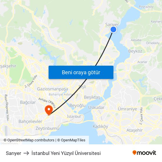 Sarıyer to İstanbul Yeni Yüzyıl Üniversitesi map