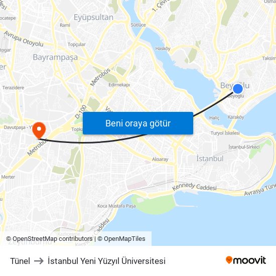Tünel to İstanbul Yeni Yüzyıl Üniversitesi map