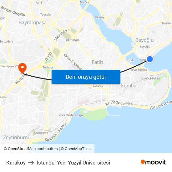 Karaköy to İstanbul Yeni Yüzyıl Üniversitesi map