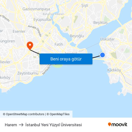 Harem to İstanbul Yeni Yüzyıl Üniversitesi map