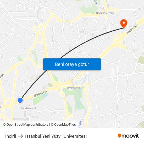 İncirli to İstanbul Yeni Yüzyıl Üniversitesi map