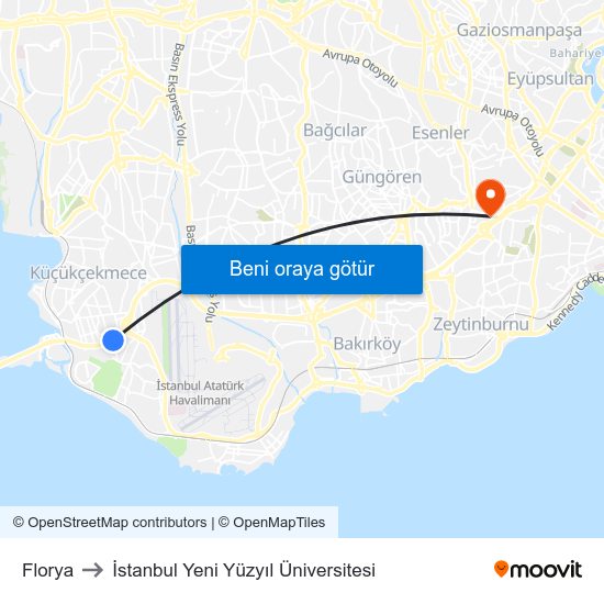Florya to İstanbul Yeni Yüzyıl Üniversitesi map