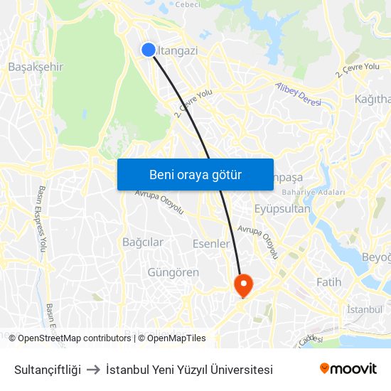 Sultançiftliği to İstanbul Yeni Yüzyıl Üniversitesi map