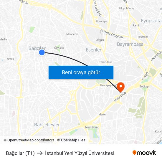 Bağcılar (T1) to İstanbul Yeni Yüzyıl Üniversitesi map