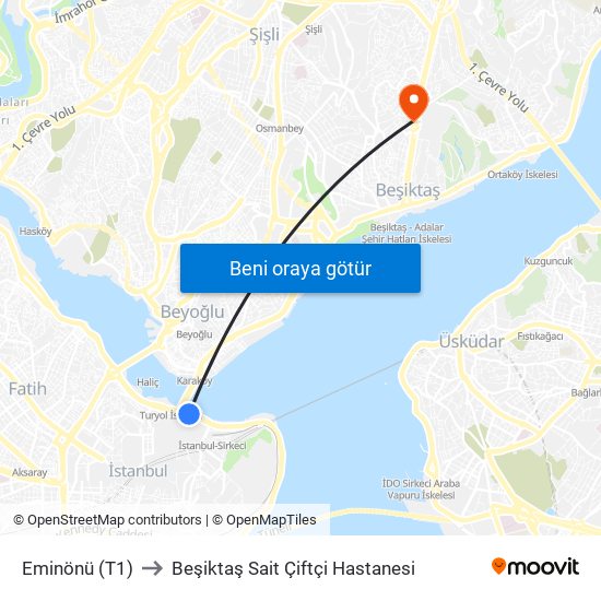 Eminönü (T1) to Beşiktaş Sait Çiftçi Hastanesi map