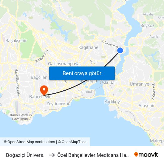 Boğaziçi Üniversitesi to Özel Bahçelievler Medicana Hastanesi map