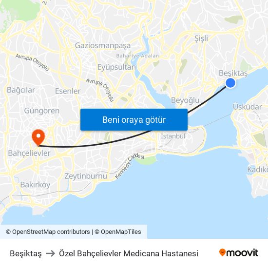 Beşiktaş to Özel Bahçelievler Medicana Hastanesi map