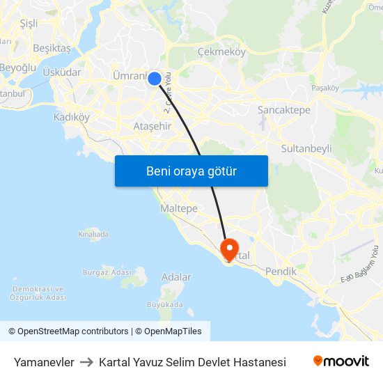 Yamanevler to Kartal Yavuz Selim Devlet Hastanesi map