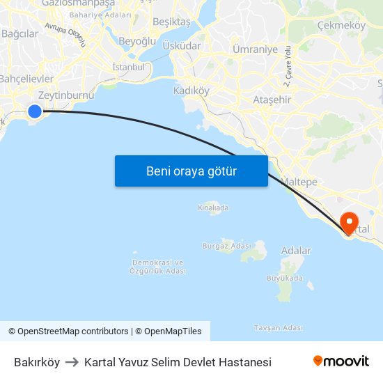Bakırköy to Kartal Yavuz Selim Devlet Hastanesi map