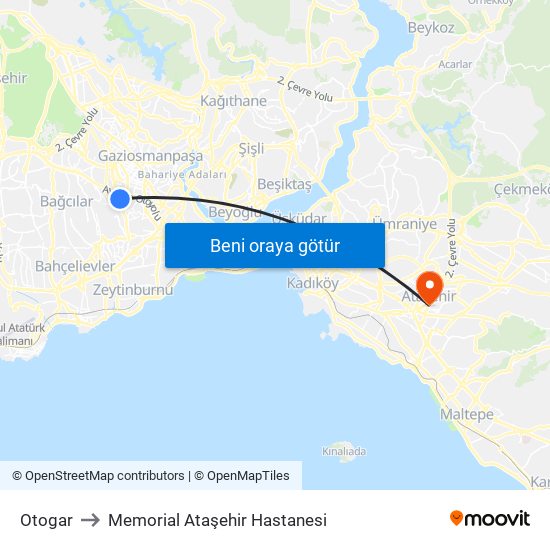 Otogar to Memorial Ataşehir Hastanesi map