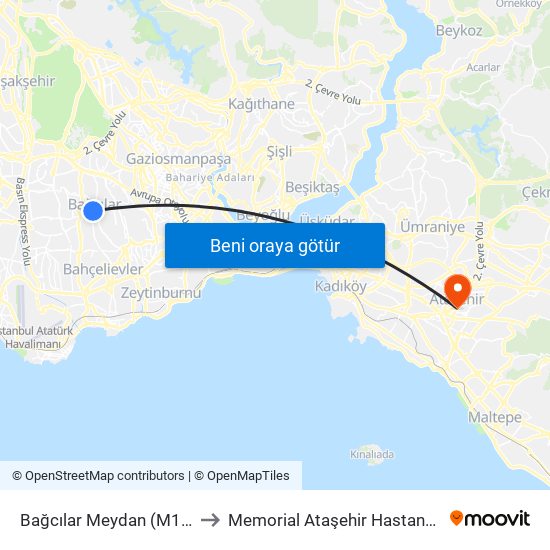 Bağcılar Meydan (M1b) to Memorial Ataşehir Hastanesi map
