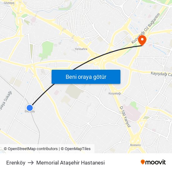 Erenköy to Memorial Ataşehir Hastanesi map