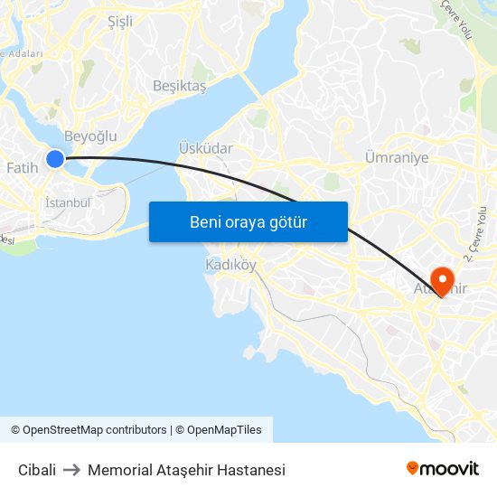 Cibali to Memorial Ataşehir Hastanesi map