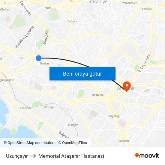 Uzunçayır to Memorial Ataşehir Hastanesi map