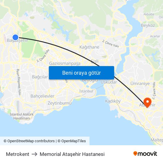 Metrokent to Memorial Ataşehir Hastanesi map
